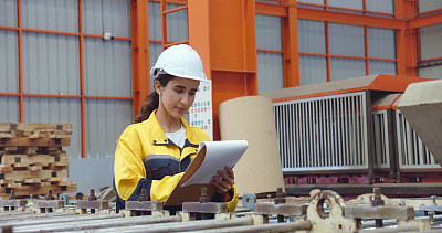 年轻的拉丁技术员妇女戴着安全安全帽，拿着剪贴板，在工业工厂边走边检查库存