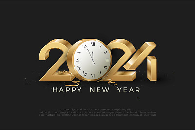 2024年新年快乐的设计采用奢华闪亮的金色配色，独特的设计用零代替了奢华的腕表。优质矢量设计的横幅，海报，模板新的一年2024。