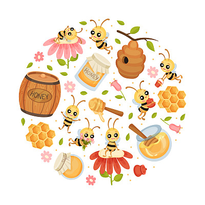 可爱的蜜蜂圆形构图设计与繁忙的昆虫和天然甜食向量模板
