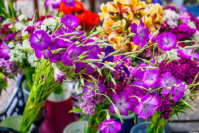 农贸市场的花摊上摆满了五颜六色的花束