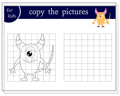 复制一张图片，一个孩子的教育游戏，一个有一只眼睛和角的卡通怪物，一个外星人。