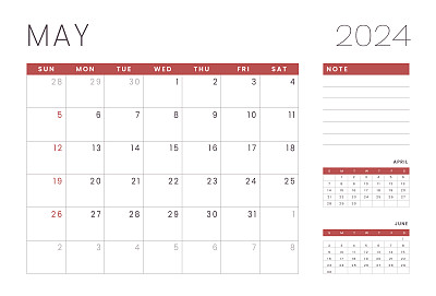 2024年5月的月历模板。矢量布局的墙或书桌简单的日历与周开始周日
