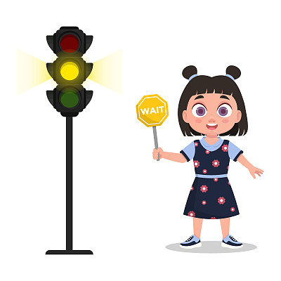 有一个等待标志的女孩。交通灯显示黄色信号。