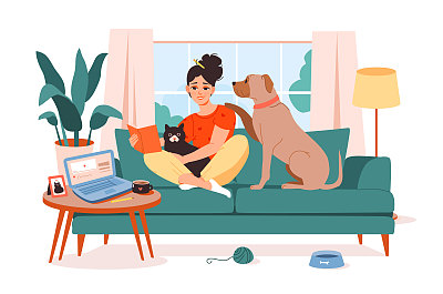 宠物的主人。一位年轻女子和她的宠物在沙发上休息。一个女人带着一只猫和一只狗在一起。和宠物一起放松。平面矢量插图。