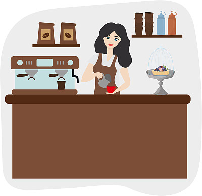 咖啡店里的女咖啡师。工作场所。美味的咖啡。高质量的矢量插图。