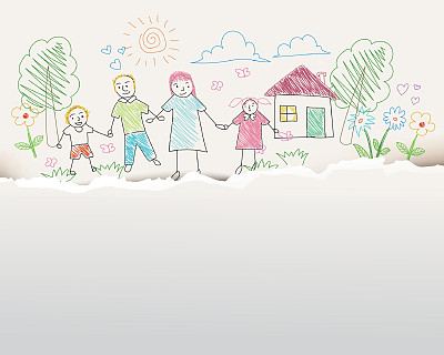 手绘的有孩子的幸福家庭和花园中的房子