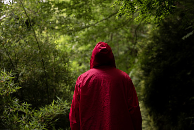 一个穿着红色连帽雨衣的男人独自在森林里