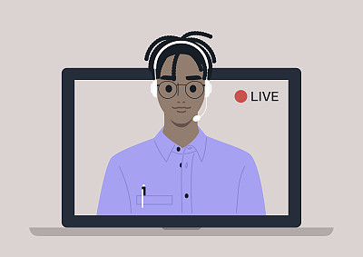 直播活动，年轻的非洲男性博主举办了一场在线直播活动，一个网站界面
