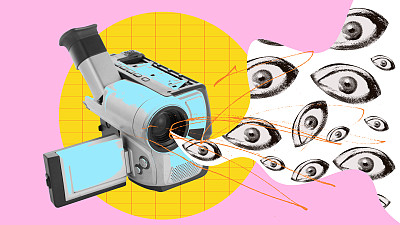 当代艺术拼贴。复古相机和人眼在抽象的彩色背景。选秀节目
