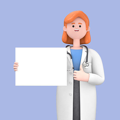 三维插图女医生诺瓦拿着标书大拇指向上，医学演示剪贴画隔离在蓝色背景