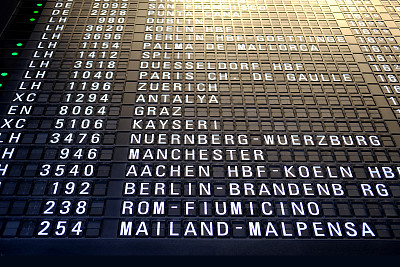 德国机场的航班出发信息板，法兰克福目的地:苏黎世，巴黎，安塔利亚，柏林，杜塞尔多夫，科隆，马略卡岛，都柏林，斯普利特，法兰克福，概念延误，到达时间