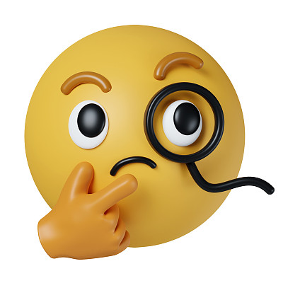3d思考面部表情符号.表情符号脸,一个手指和拇指放在下巴上向上看.