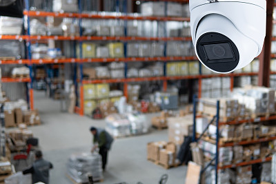 闭路摄像机多角度闭路电视系统，以现代仓库为背景。货物保护的概念