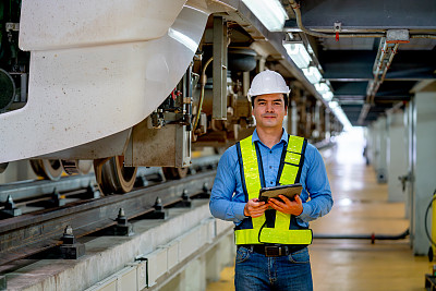 在工厂的工作场所，专业工程师工人的肖像拿着平板电脑，看着相机，站在火车和铁轨附近。