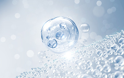 化妆品保湿水分子，化妆品精华液，液体气泡，水背景液体气泡中的分子。