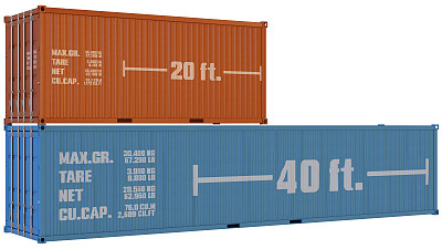航运集装箱20英尺和40英尺大小的白色背景与剪辑路径