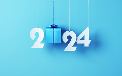 白色剪纸图案礼盒2024年新年信挂在一串蓝色软背景