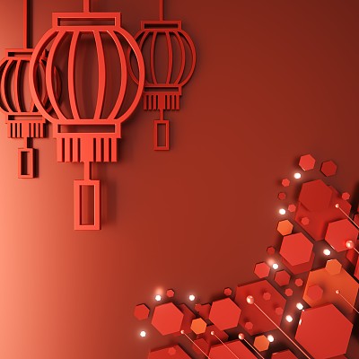 中国新年背景。3 d演示。3 d渲染。红色设计。