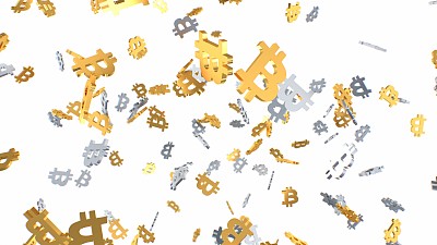 下跌的白银和黄金比特币BTC标志符号加密市场崩溃-抽象背景纹理
