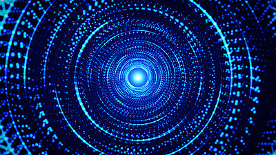 抽象的漩涡轨迹或隧道。圆点形成隧道。技术蓝色背景与圆。带有灯光效果的传送门。
