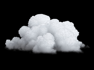 3d渲染，抽象的白色现实云孤立在黑色背景。天空剪贴画元素
