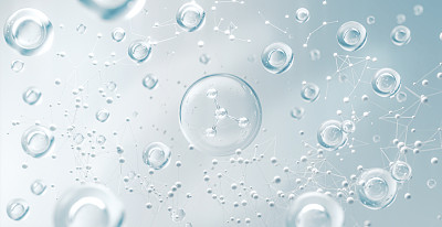 化妆品保湿水分子，化妆品精华，液体气泡，液体气泡内的分子在水的背景，3d渲染