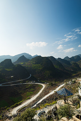 越南北部河江的空中景观。下江河套鸟瞰图