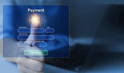 电子卡生物识别认证。网上支付、网上购物和网上银行服务。智能化的新技术概念。