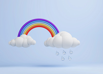 3d天气图标集云，彩虹和雨在蓝天的背景。