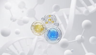 化妆品精华，液体泡沫，分子液体泡沫在DNA水飞溅背景，3d渲染