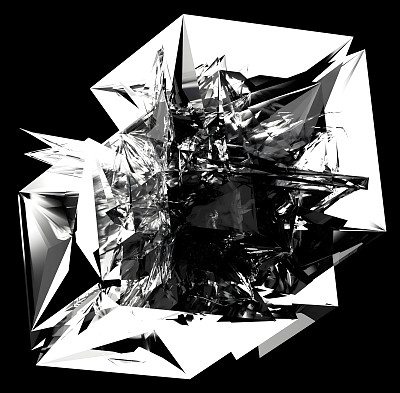 三维渲染黑白单色，超现实的钻石碎玻璃分形立方体物体，在变形转化过程中周围有锋利的针