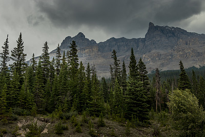 乌云和雨水落在落基山脉冰原公园路班夫国家公园加拿大阿尔伯塔