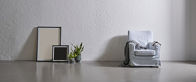 灰色石墙背景，框架，绿色植物花瓶，沙发扶手椅毯式，现代房间。