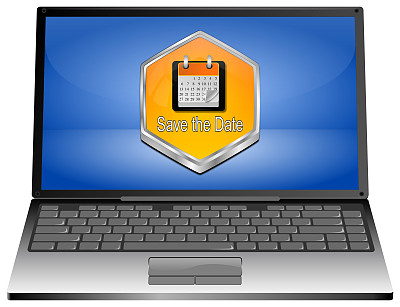 笔记本电脑与保存日期按钮橙色- 3D插图