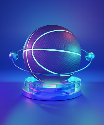 篮球显示在蓝色背景的裁剪路径玻璃讲台上