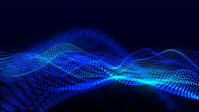 未来的粒子波。抽象的技术背景。大数据可视化。三维渲染