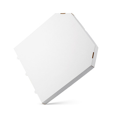 一个空白的白色纸板披萨盒孤立白色。前视图。悬浮。
