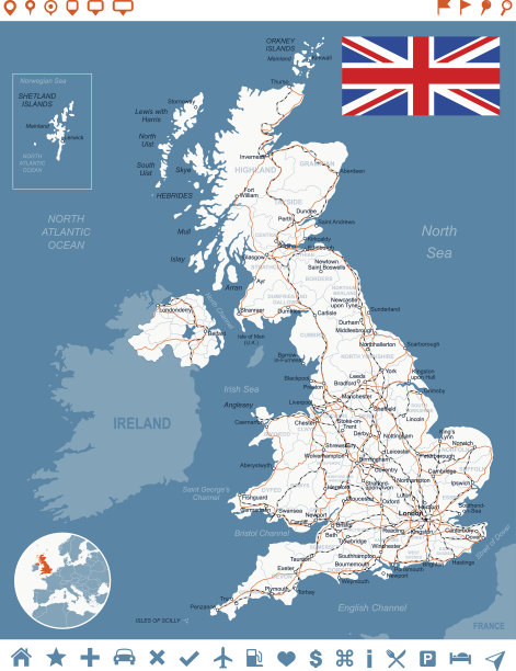 英国地图，旗帜，导航标签，道路-插图
