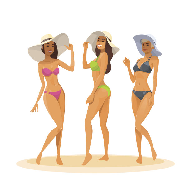 三个女人在比基尼，长腿性感的女孩戴着帽子快乐的微笑