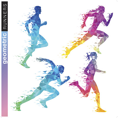 几何跑步者设置在彩虹的颜色