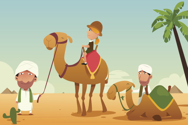沙漠中骑骆驼的女游客