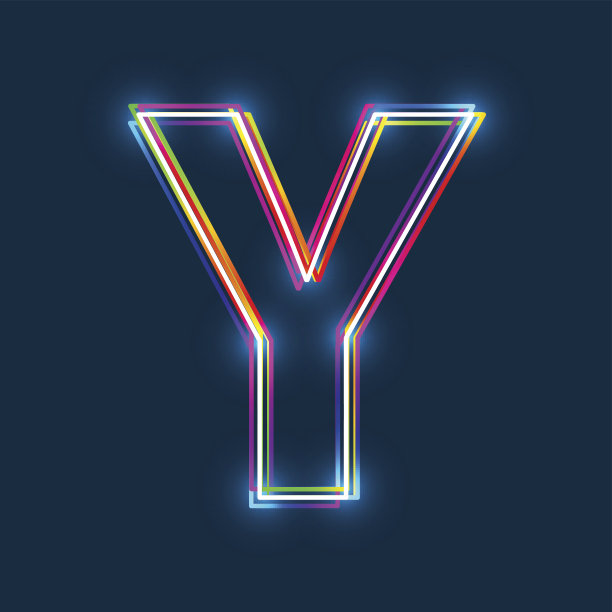 字母Y -矢量多色轮廓字体发光效果孤立在蓝色背景。