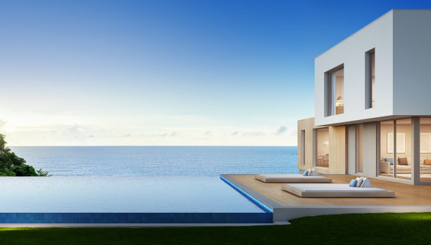 现代设计的豪华海滨别墅，海景游泳池和露台，适合大家庭度假