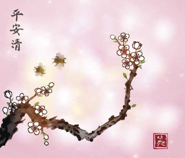 白色樱花樱花枝在盛开和两只蜜蜂在粉红色发光的背景。传统的东方水墨画粟娥、月仙、围棋。包含象形文字-和平，宁静，清晰，美丽。