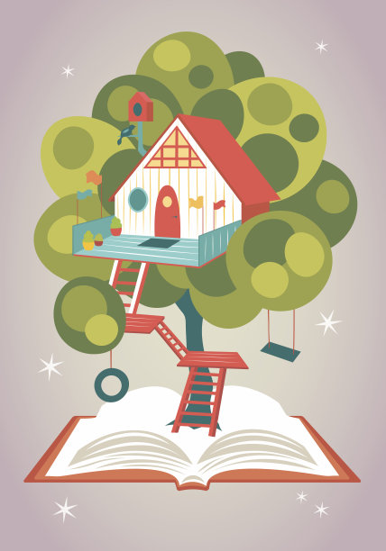 神奇的童话房子在树上生长从一本打开的书。矢量图
