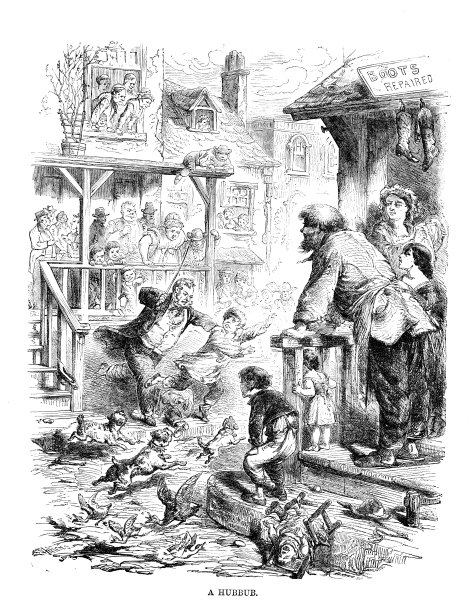 维多利亚时代的幽默插画《喧哗》描绘了一个繁忙的街道场景，一个男人正要鞭打一个小男孩，人们在一旁观看。1889年城市生活