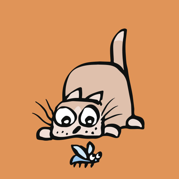 卡通小猫捕食甲虫。矢量插图。