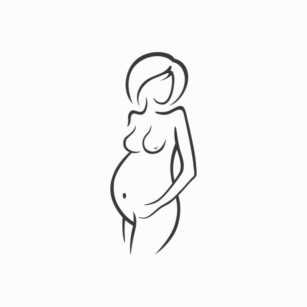 画着线条优美的孕妇穿着深色衣服。一个孩子的出生。矢量图形说明，绘制黑白轮廓进行设计