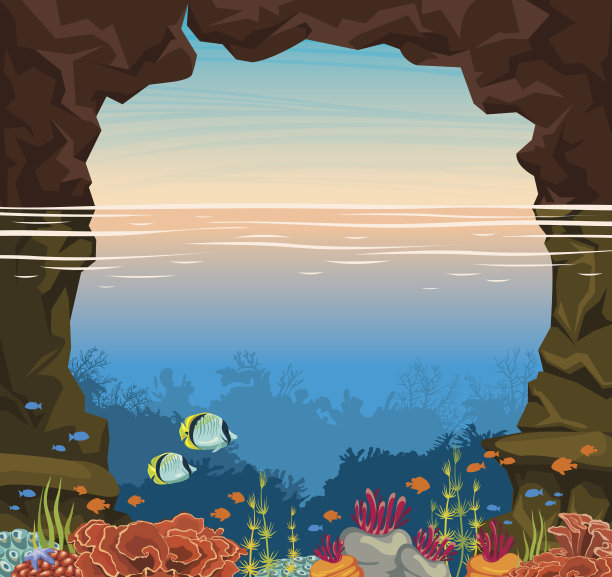Underwater coral reef, fish, sea, sunset sky, cave.