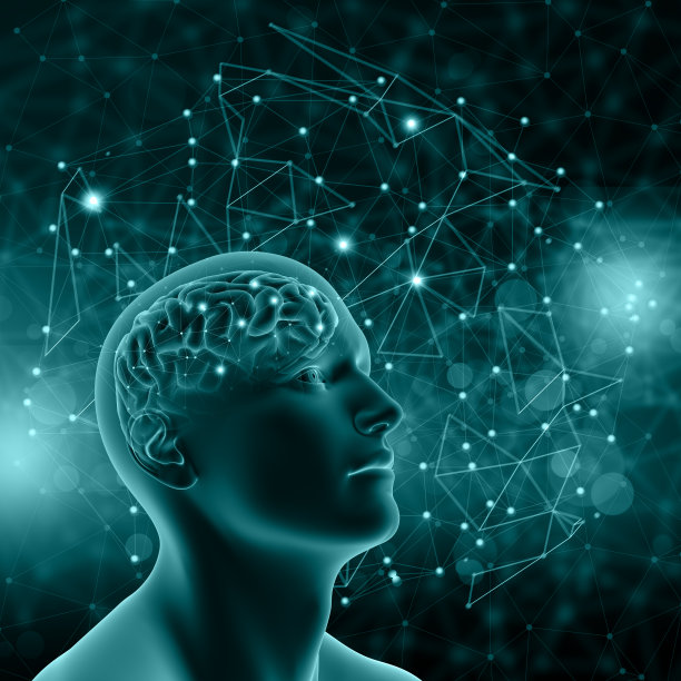 3D男性人物与大脑的背景与连接的点和线